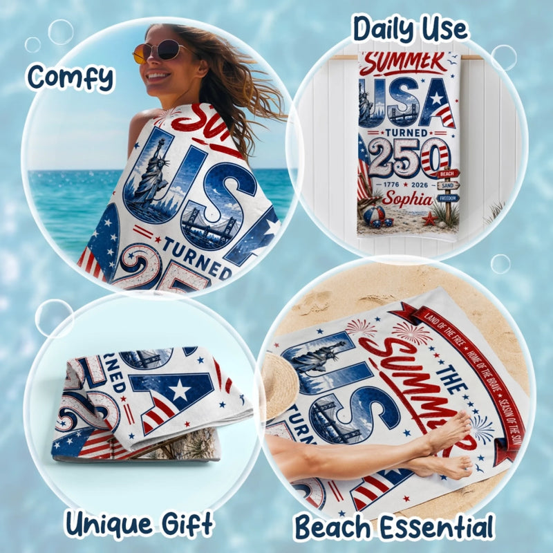 Custom Beach Towel - Personalized America 250th Anniversary, Summer Vacation And Travel Gifts For Mom, Dad, Brother, Sister, Kids - Celebrating 250 Years Strong