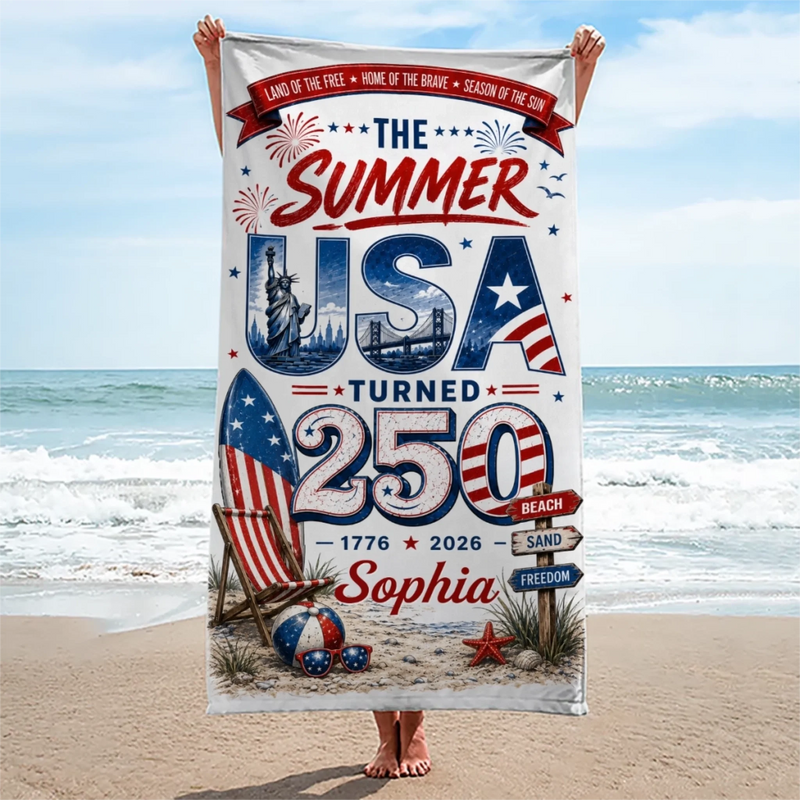 Custom Beach Towel - Personalized America 250th Anniversary, Summer Vacation And Travel Gifts For Mom, Dad, Brother, Sister, Kids - Celebrating 250 Years Strong