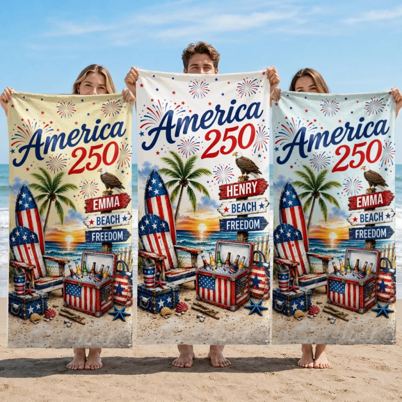 Custom Beach Towel - Personalized America 250th Anniversary, Summer Vacation And Travel Gifts For Mom, Dad, Brother, Sister, Kids - Stars Stripes And Proud Hearts
