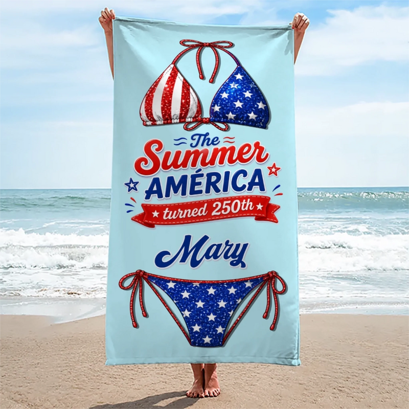Custom Beach Towel - Personalized America 250th Anniversary, Summer Vacation And Travel Gifts For Best Friends, Family - Stars Stripes Sunshine