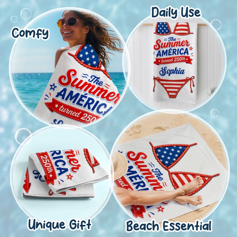 Custom Beach Towel - Personalized America 250th Anniversary, Summer Vacation And Travel Gifts For Best Friends, Family - Stars Stripes Sunshine