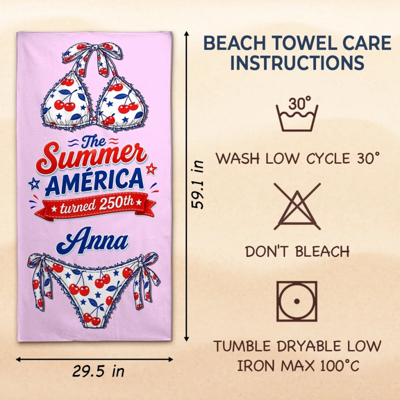 Custom Beach Towel - Personalized America 250th Anniversary, Summer Vacation And Travel Gifts For Best Friends, Family - Stars Stripes Sunshine