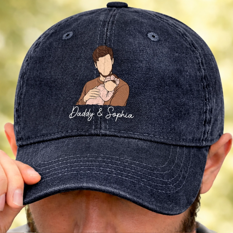 Custom Photo Vintage Washed Denim Baseball Cap - Personalized Father's Day Gifts For Dad, Grandpa - Classic Dad Energy