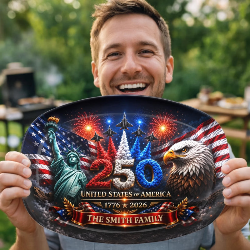 Custom Platter - Personalized America 250th Anniversary Gifts For Mom, Dad, Brother, Sister, Kids - Stars Stripes Family Time