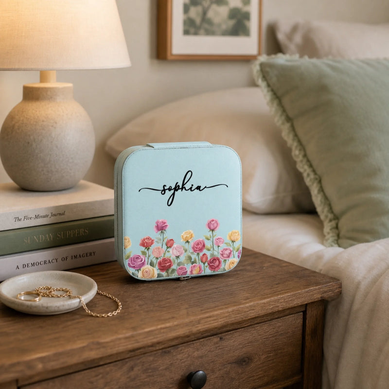 Custom Square Jewelry Case - Personalized Best Friend Birthday Gifts For Women, Besties, Sisters, BFF - Petals, Pearls And Pretty Things