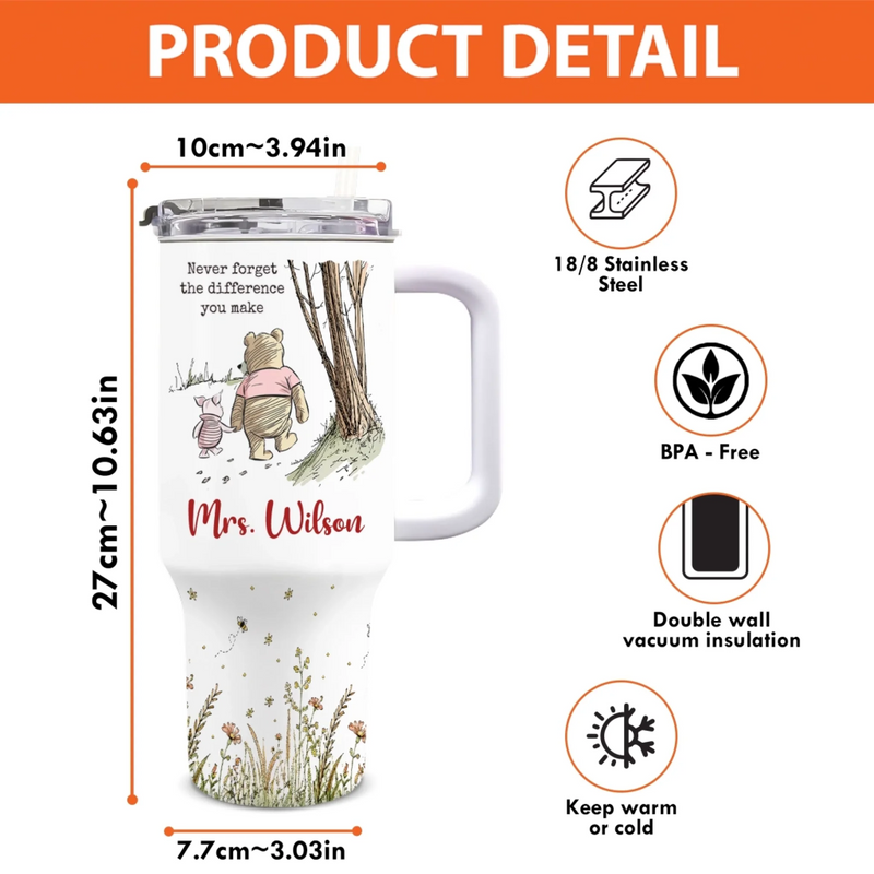 Custom 40 Oz Stainless Steel Tumbler With Handle - Personalized Birthday Gifts For Teachers - With Heart And Gratitude