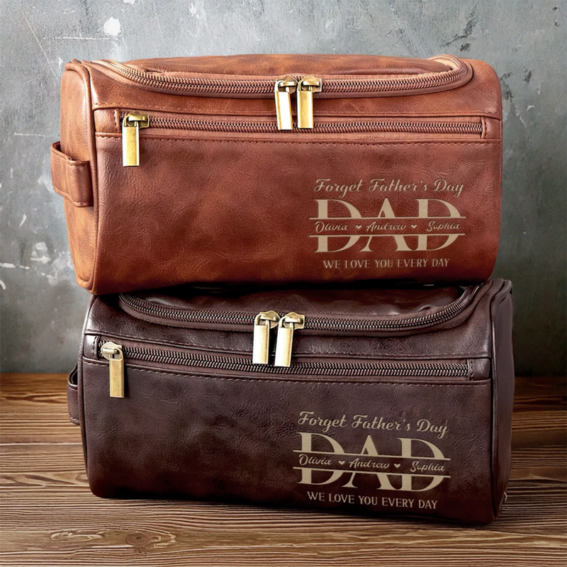 Custom Engraved Leather Toiletry Bag - Personalized Father's Day Birthday Gifts For Dad, Grandpa - Forever Thankful For Dad’s Love