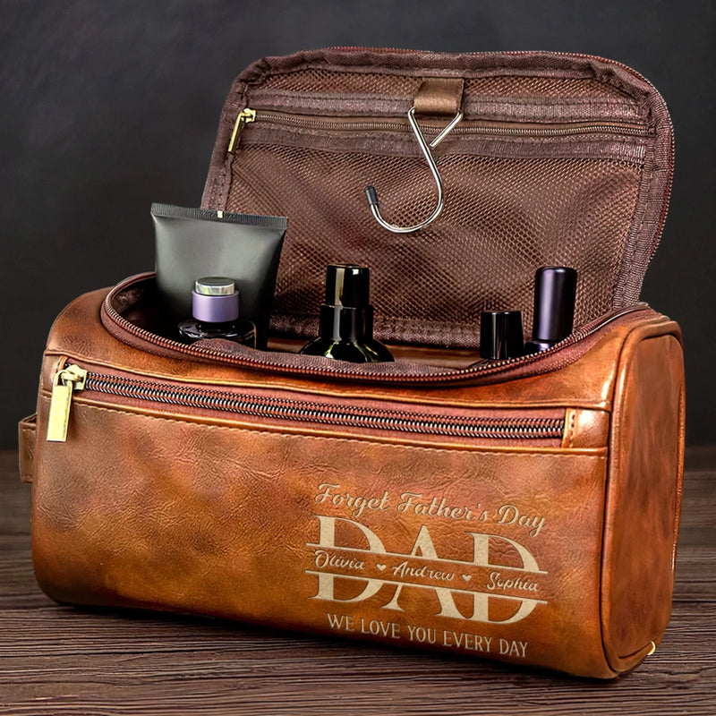 Custom Engraved Leather Toiletry Bag - Personalized Father's Day Birthday Gifts For Dad, Grandpa - Forever Thankful For Dad’s Love