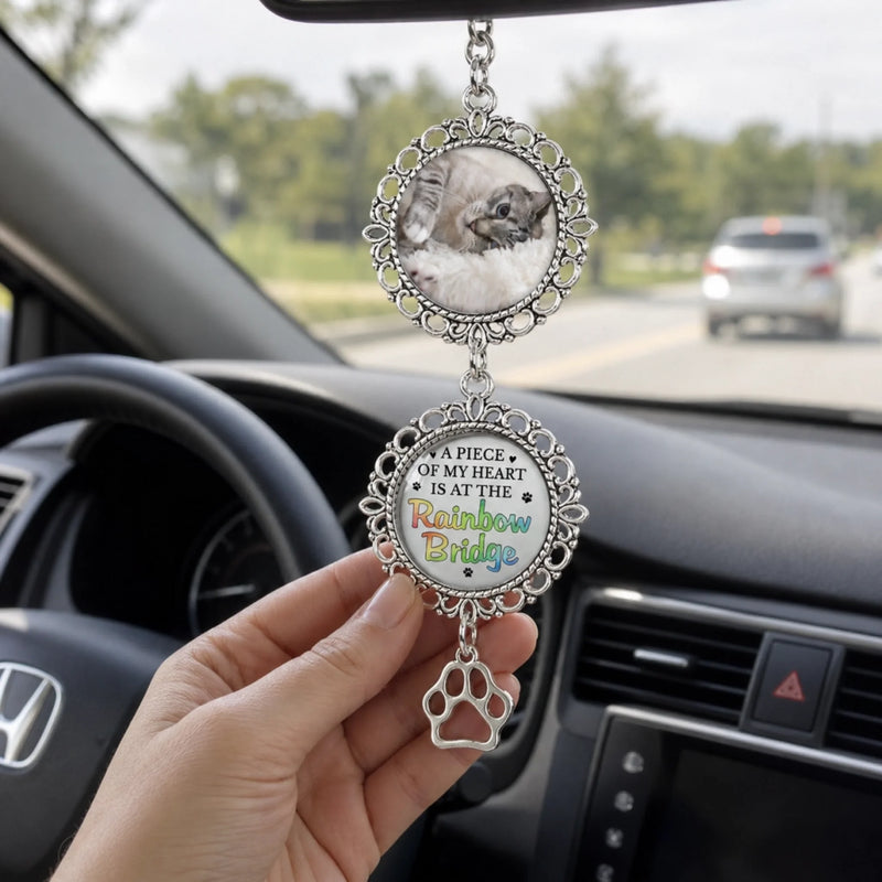 Custom Photo A Piece Of My Heart Is At The Rainbow Bridge - Memorial Personalized Custom Metal Car Hanging Ornament With Charm - Sympathy Gift For Pet Owners, Pet Lovers