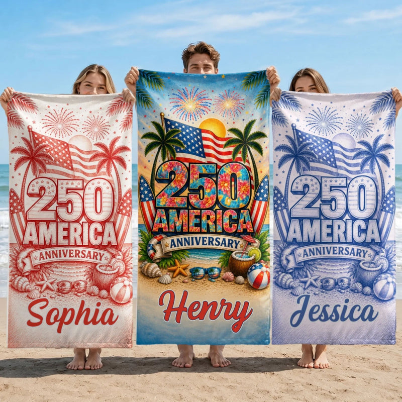 Custom Beach Towel - Personalized America 250th Anniversary, Summer Vacation And Travel Gifts For Mom, Dad, Brother, Sister, Kids - Stars Stripes Freedom Forever