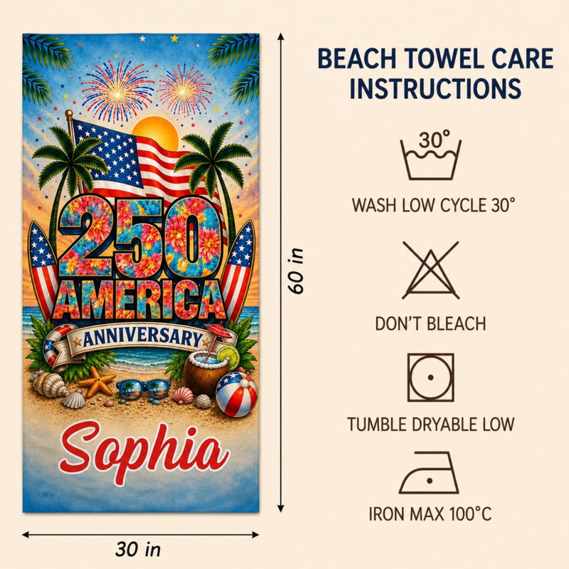 Custom Beach Towel - Personalized America 250th Anniversary, Summer Vacation And Travel Gifts For Mom, Dad, Brother, Sister, Kids - Stars Stripes Freedom Forever