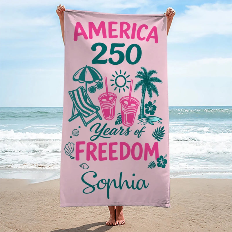 Custom Beach Towel - Personalized America 250th Anniversary, Summer Vacation And Travel Gifts For Mom, Dad, Brother, Sister, Kids - 250 Years Standing Strong