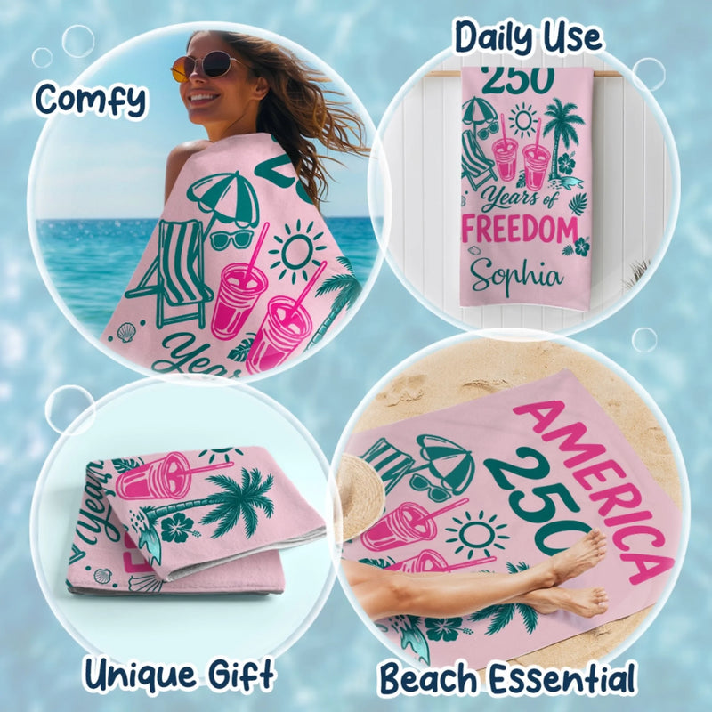 Custom Beach Towel - Personalized America 250th Anniversary, Summer Vacation And Travel Gifts For Mom, Dad, Brother, Sister, Kids - 250 Years Standing Strong