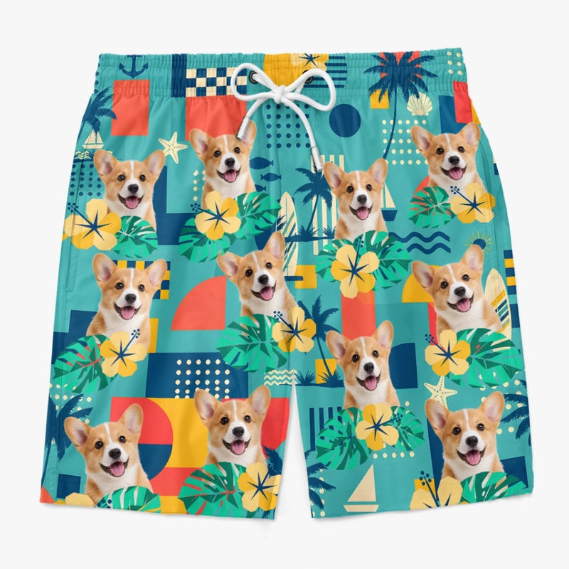Custom Photo Tropical Hawaiian Aloha Men Beach Shorts - Personalized Summer Vacation And Travel Gifts For Dog Cat Lovers, Dog Dad And Mom, Cat Owners - Sunshine, Retro And Paws