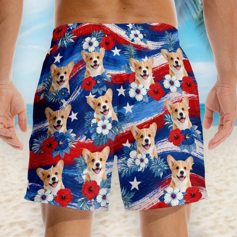 Custom Photo Tropical Hawaiian Aloha Men Beach Shorts - Personalized Summer Vacation And Travel Gifts For Dog Cat Lovers, Dog Dad And Mom, Cat Owners - Tropical Flowers, Happy Paws