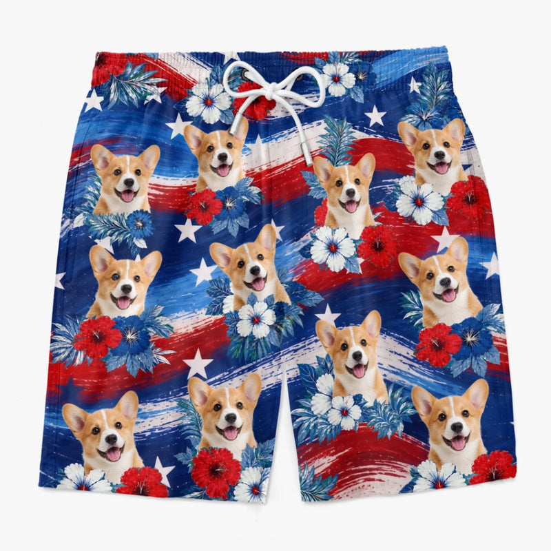 Custom Photo Tropical Hawaiian Aloha Men Beach Shorts - Personalized Summer Vacation And Travel Gifts For Dog Cat Lovers, Dog Dad And Mom, Cat Owners - Tropical Flowers, Happy Paws