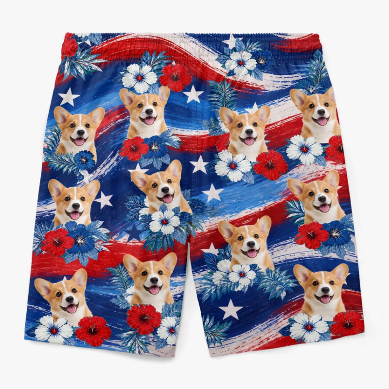 Custom Photo Tropical Hawaiian Aloha Men Beach Shorts - Personalized Summer Vacation And Travel Gifts For Dog Cat Lovers, Dog Dad And Mom, Cat Owners - Tropical Flowers, Happy Paws