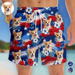 Custom Photo Tropical Hawaiian Aloha Men Beach Shorts - Personalized Summer Vacation And Travel Gifts For Dog Cat Lovers, Dog Dad And Mom, Cat Owners - Tropical Flowers, Happy Paws