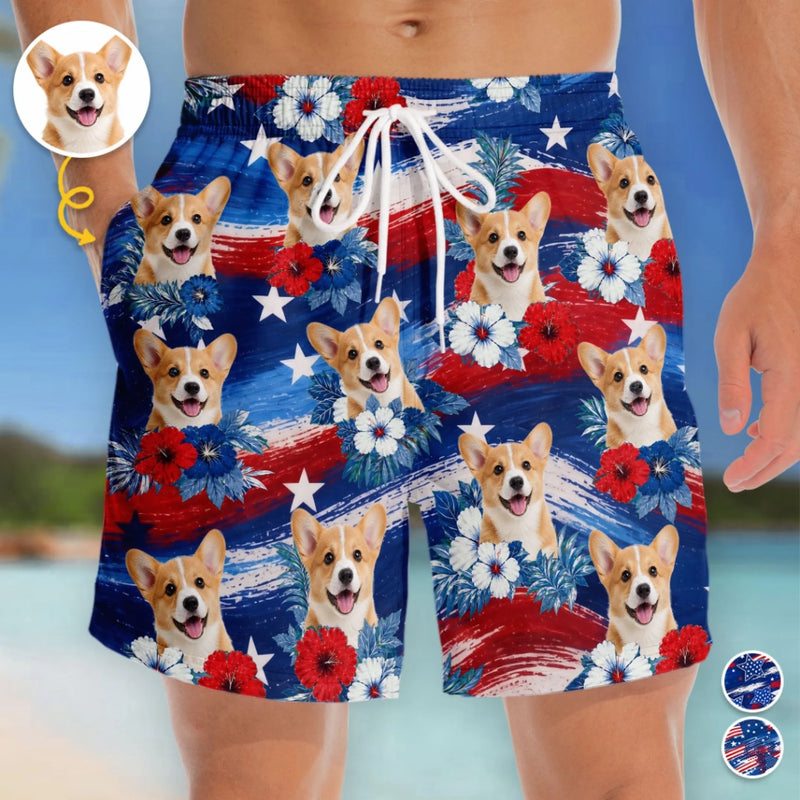 Custom Photo Tropical Hawaiian Aloha Men Beach Shorts - Personalized Summer Vacation And Travel Gifts For Dog Cat Lovers, Dog Dad And Mom, Cat Owners - Tropical Flowers, Happy Paws