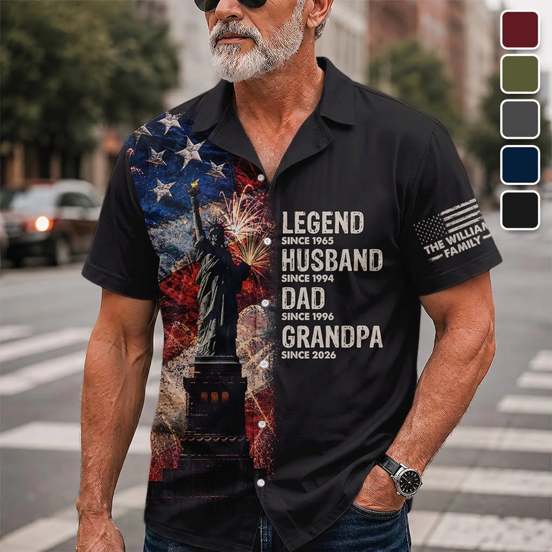 Custom Unisex Tropical Hawaiian Aloha Shirt - Personalized America 250th Anniversary Father's Day Gifts For Dad, Grandpa - Stars Stripes And Family Pride