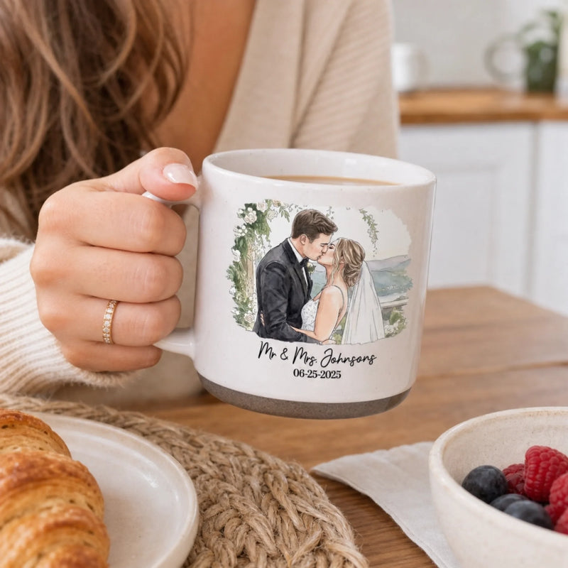 Custom Photo Printed Pottery Mug - Personalized Anniversary Wedding Gifts For Husband And Wife, Him And Her - First Kiss, Forever Sips