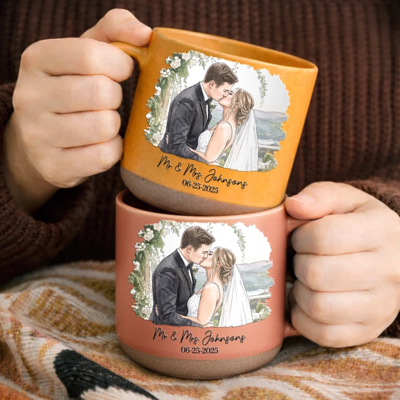 Custom Photo Printed Pottery Mug - Personalized Anniversary Wedding Gifts For Husband And Wife, Him And Her - First Kiss, Forever Sips