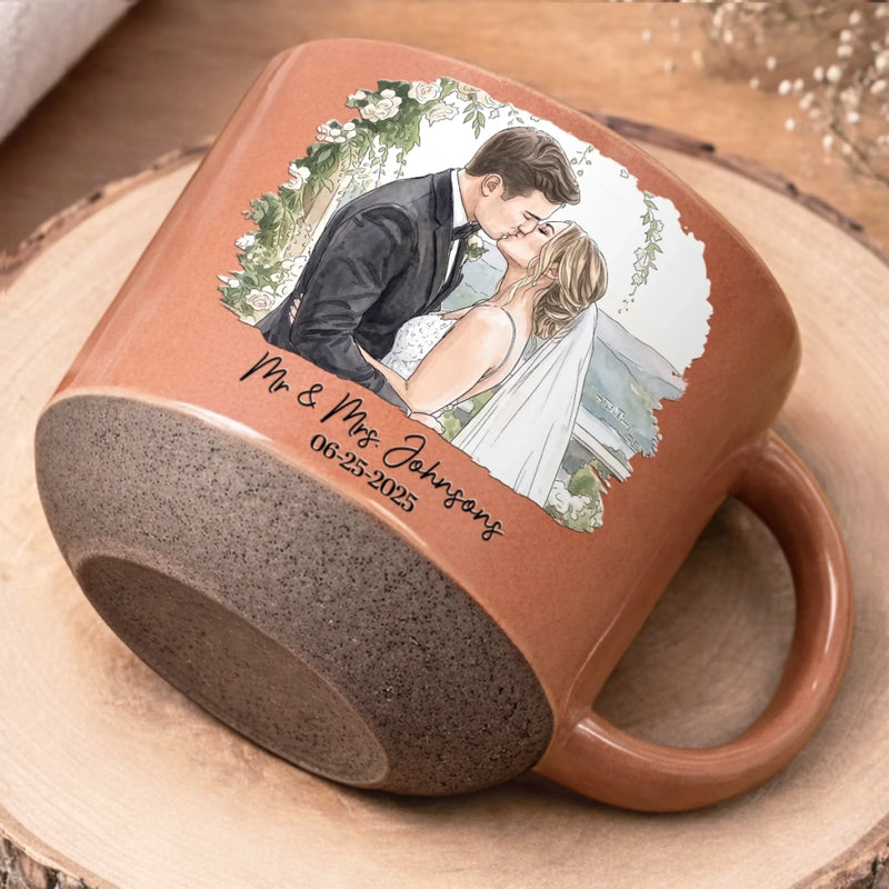 Custom Photo Printed Pottery Mug - Personalized Anniversary Wedding Gifts For Husband And Wife, Him And Her - First Kiss, Forever Sips