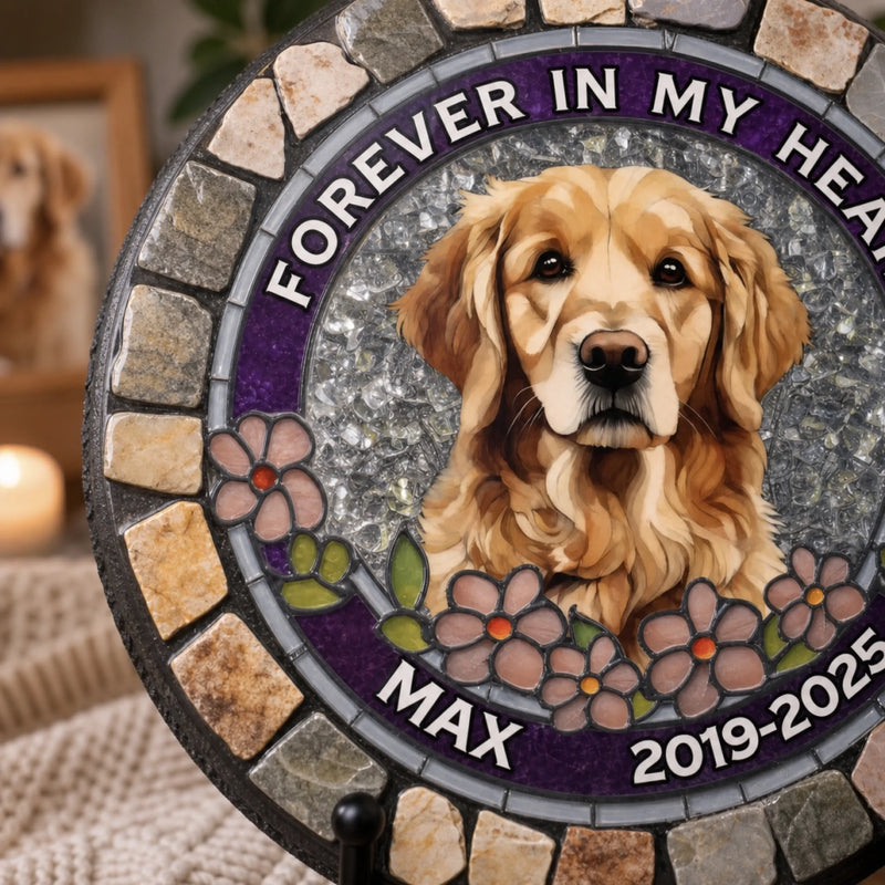 Custom Photo Forever Loved, Never Forgotten - Memorial Personalized Custom 3D Mosaic Faux Stained Glass Print Round Shaped Memorial Stone - Sympathy Gift For Pet Owners, Pet Lovers