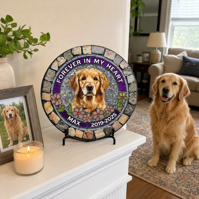 Custom Photo Forever Loved, Never Forgotten - Memorial Personalized Custom 3D Mosaic Faux Stained Glass Print Round Shaped Memorial Stone - Sympathy Gift For Pet Owners, Pet Lovers