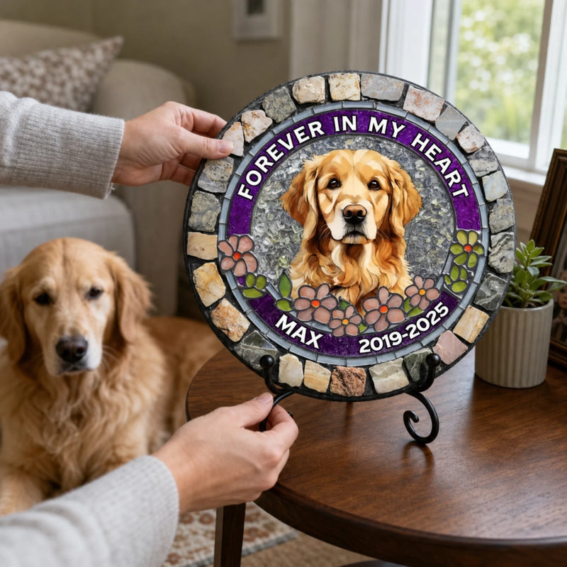 Custom Photo Forever Loved, Never Forgotten - Memorial Personalized Custom 3D Mosaic Faux Stained Glass Print Round Shaped Memorial Stone - Sympathy Gift For Pet Owners, Pet Lovers