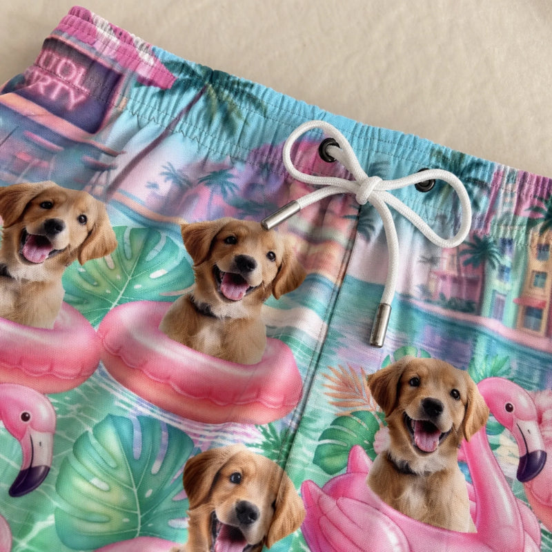 Custom Photo Tropical Hawaiian Aloha Men Beach Shorts - Personalized Summer Vacation And Travel Gifts For Dog Cat Lovers, Dog Dad And Mom, Cat Owners - Flamingo Float Club President