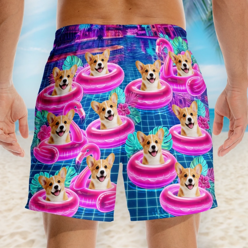 Custom Photo Tropical Hawaiian Aloha Men Beach Shorts - Personalized Summer Vacation And Travel Gifts For Dog Cat Lovers, Dog Dad And Mom, Cat Owners - Pups On Floating Paradise