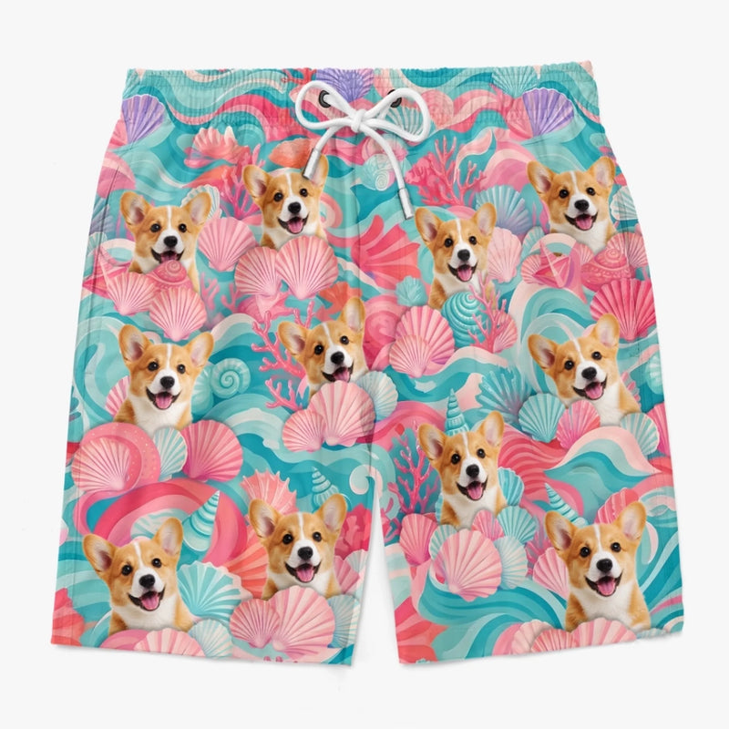 Custom Photo Tropical Hawaiian Aloha Men Beach Shorts - Personalized Summer Vacation And Travel Gifts For Dog Cat Lovers, Dog Dad And Mom, Cat Owners - Minty Waves, Happy Paws