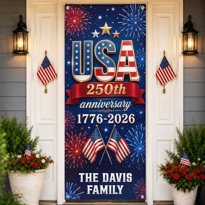 Custom Door Cover - Personalized America 250th Anniversary Gifts For Mom, Dad, Brother, Sister, Kids  - Stars Stripes Proud Hearts