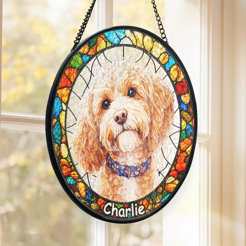 Custom Photo Stained Glass Window Hanging Suncatcher - Personalized Birthday Gifts For Dog Cat Lovers, Dog Dad And Mom, Cat Owners - Puppy Portrait With Rainbow Energy