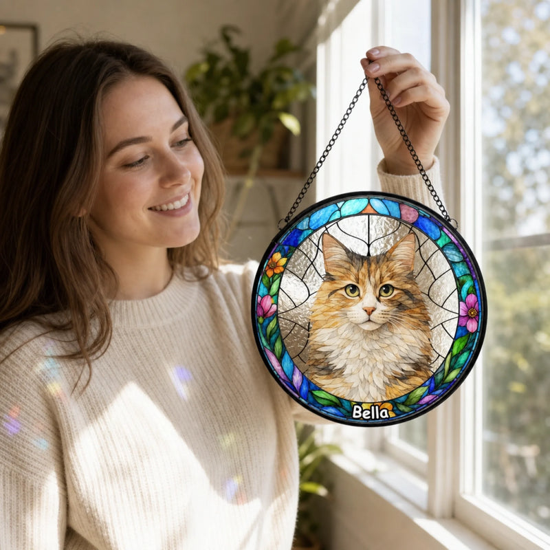 Custom Photo Stained Glass Window Hanging Suncatcher - Personalized Birthday Gifts For Dog Cat Lovers, Dog Dad And Mom, Cat Owners - Puppy Portrait With Rainbow Energy