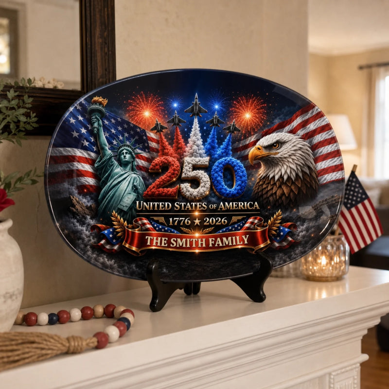 Custom Platter - Personalized America 250th Anniversary Gifts For Mom, Dad, Brother, Sister, Kids - Stars Stripes Family Time