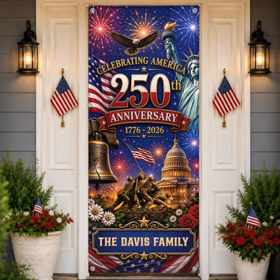 Custom Door Cover - Personalized America 250th Anniversary Gifts For Mom, Dad, Brother, Sister, Kids  - Welcome To The USA Era
