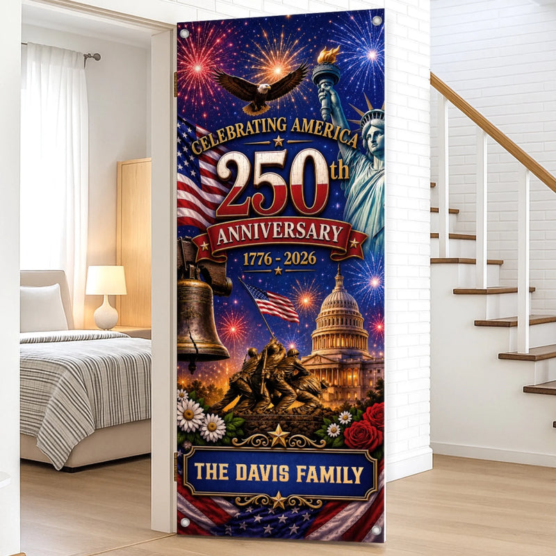 Custom Door Cover - Personalized America 250th Anniversary Gifts For Mom, Dad, Brother, Sister, Kids  - Welcome To The USA Era