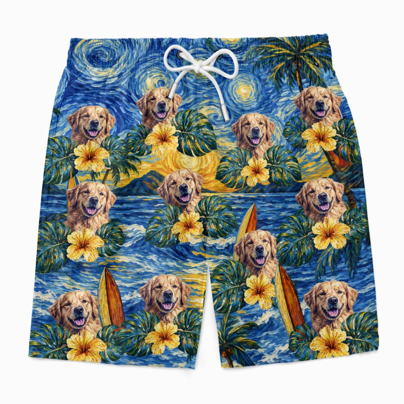 Custom Photo Tropical Hawaiian Aloha Men Beach Shorts - Personalized Summer Vacation And Travel Gifts For Dog Cat Lovers, Dog Dad And Mom, Cat Owners - Starry Nights, Puppy Days