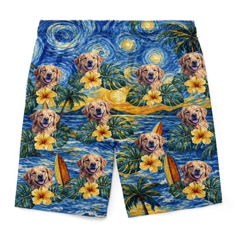 Custom Photo Tropical Hawaiian Aloha Men Beach Shorts - Personalized Summer Vacation And Travel Gifts For Dog Cat Lovers, Dog Dad And Mom, Cat Owners - Starry Nights, Puppy Days