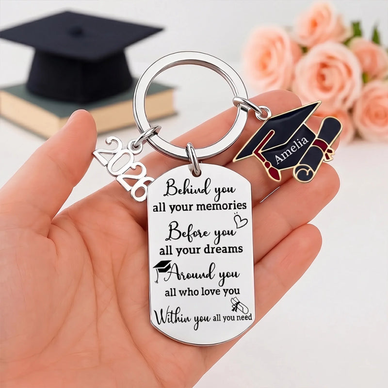 Memories Behind, Dreams Ahead, Love All Around - Family Personalized Custom Engraved Graduation Keychain - Graduation Gift For Family Members, Siblings, Brothers, Sisters