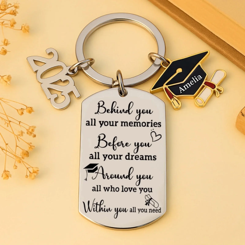 Memories Behind, Dreams Ahead, Love All Around - Family Personalized Custom Engraved Graduation Keychain - Graduation Gift For Family Members, Siblings, Brothers, Sisters