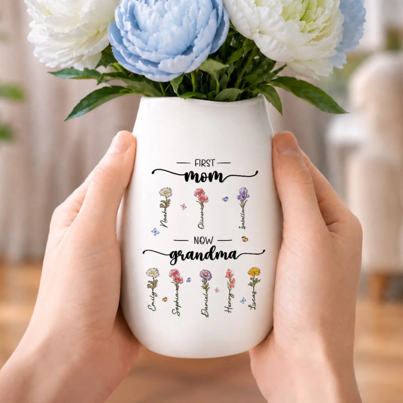 Custom Oval Ceramic Flower Vase - Personalized Birthday Gifts For Mom, Grandma - Blessed With Generations Of Love