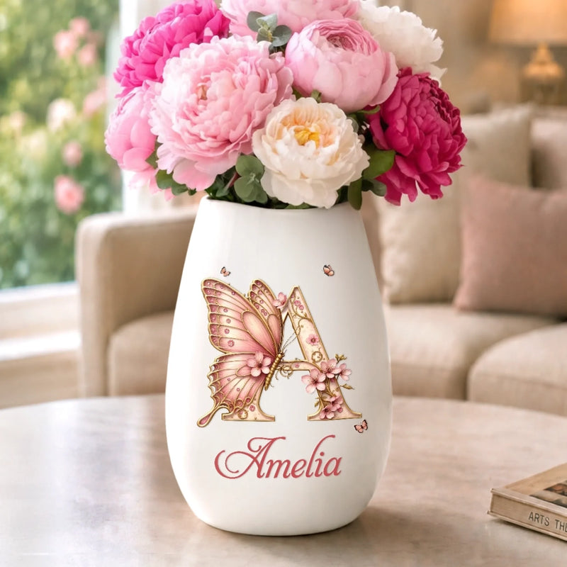 Custom Oval Ceramic Flower Vase - Personalized  Best Friend Birthday Gifts For Women, Besties, Sisters, BFF - Butterflies Bloom Beautifully Daily