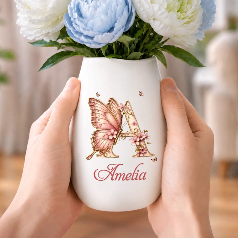 Custom Oval Ceramic Flower Vase - Personalized  Best Friend Birthday Gifts For Women, Besties, Sisters, BFF - Butterflies Bloom Beautifully Daily