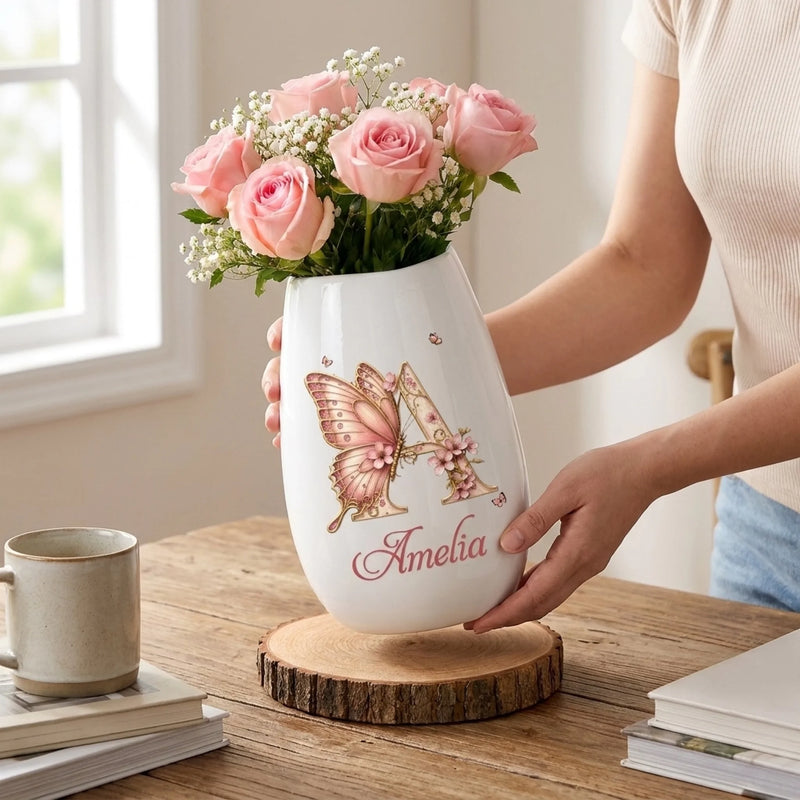 Custom Oval Ceramic Flower Vase - Personalized  Best Friend Birthday Gifts For Women, Besties, Sisters, BFF - Butterflies Bloom Beautifully Daily