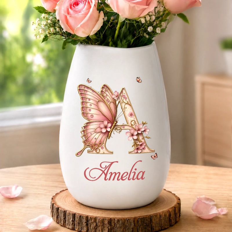 Custom Oval Ceramic Flower Vase - Personalized  Best Friend Birthday Gifts For Women, Besties, Sisters, BFF - Butterflies Bloom Beautifully Daily