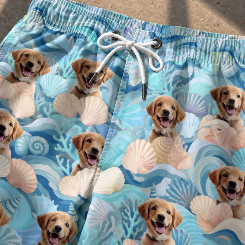 Custom Photo Tropical Hawaiian Aloha Men Beach Shorts - Personalized Summer Vacation And Travel Gifts For Dog Cat Lovers, Dog Dad And Mom, Cat Owners - Minty Waves, Happy Paws
