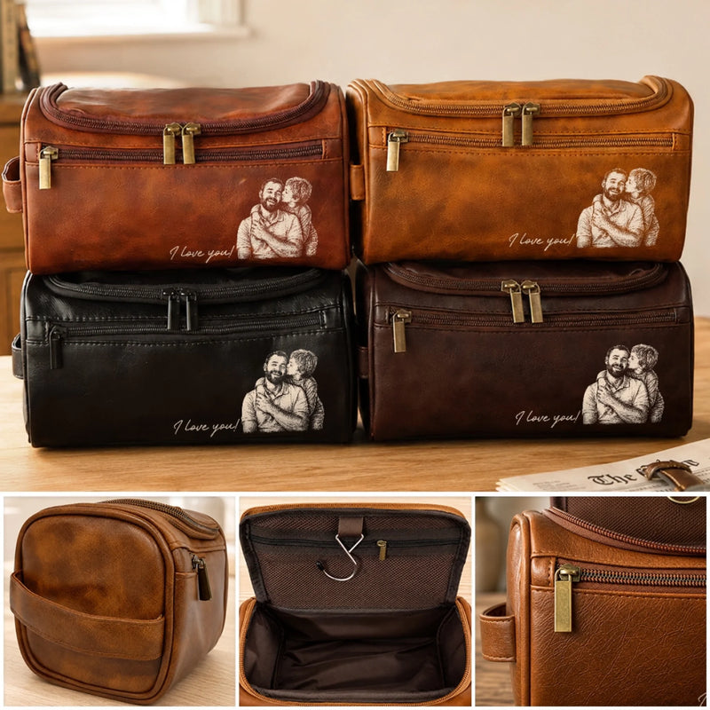 Custom Photo Leather Toiletry Bag - Personalized Father's Day Birthday Gifts For Dad, Grandpa - Dad Makes Every Day Better